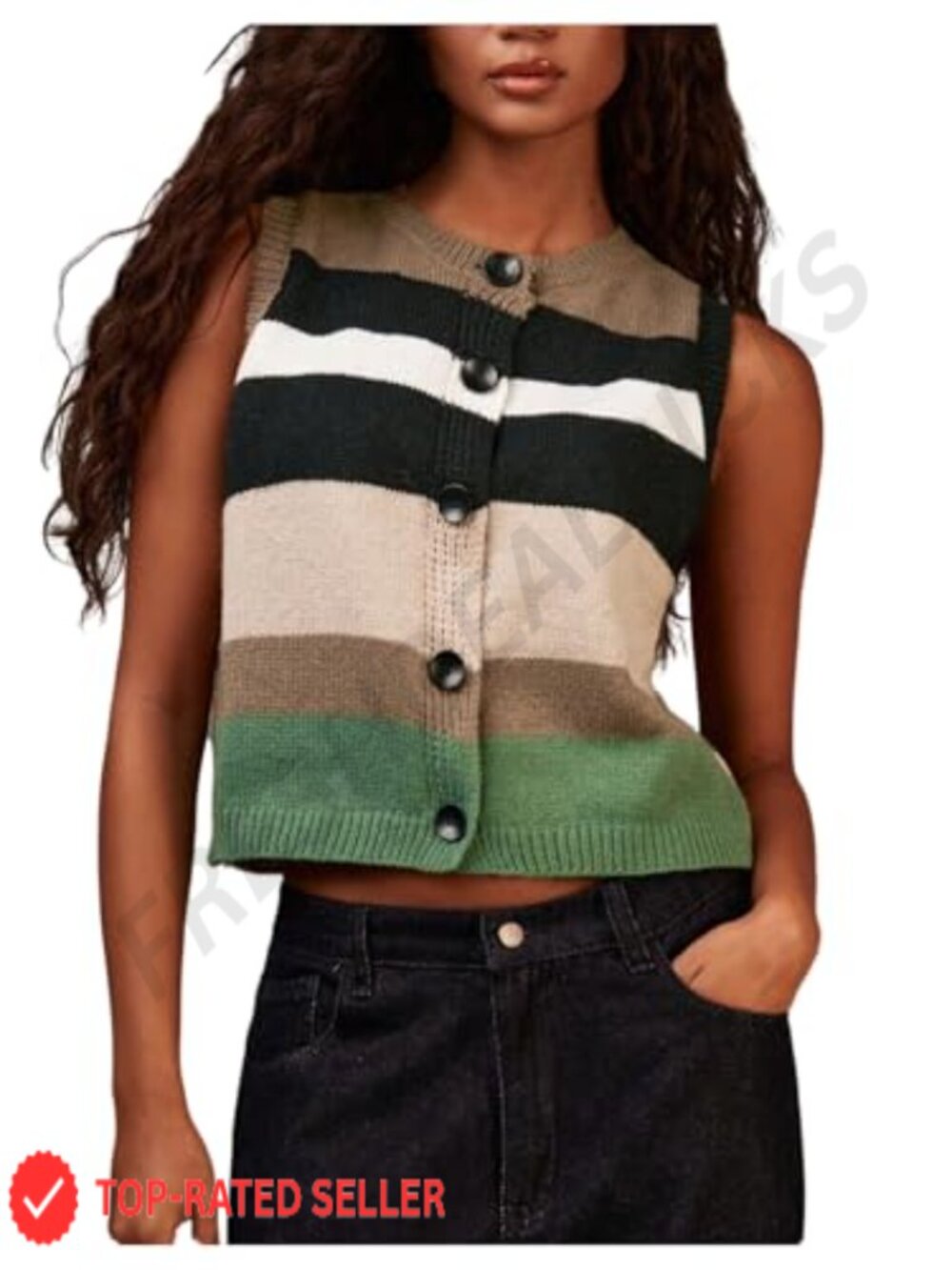 WDIRARA Women's Striped Button Down Sweater Vest Sleeveless Knit Tank Top